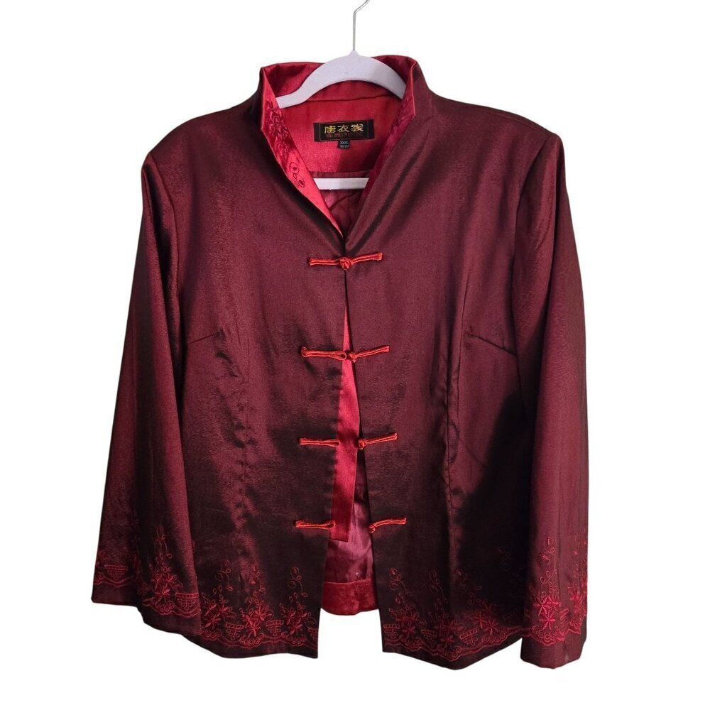 Stunning Burgundy Satin Tang Dynasty Embroidered Unique Jacket Size M